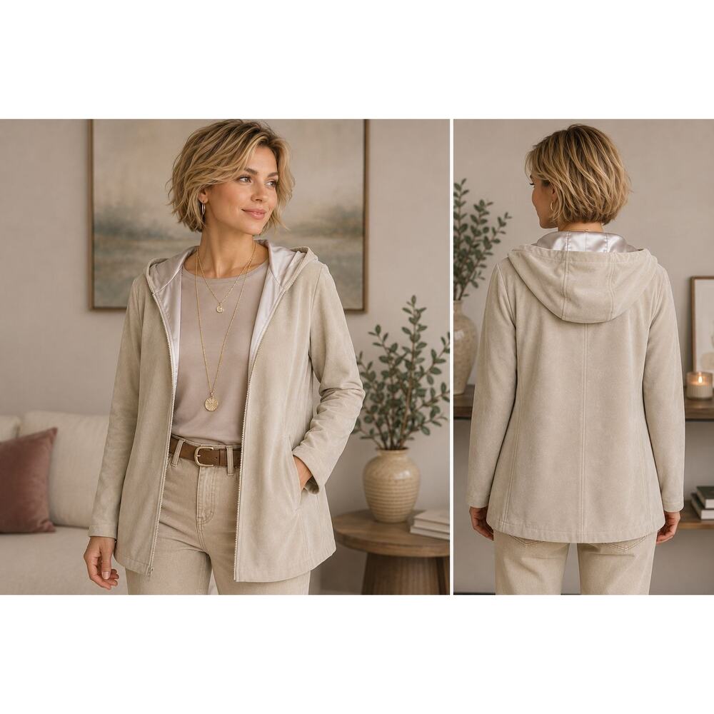Nicole Miller Champagne Faux Suede Look Hooded Jacket Women's Small Lined Zip